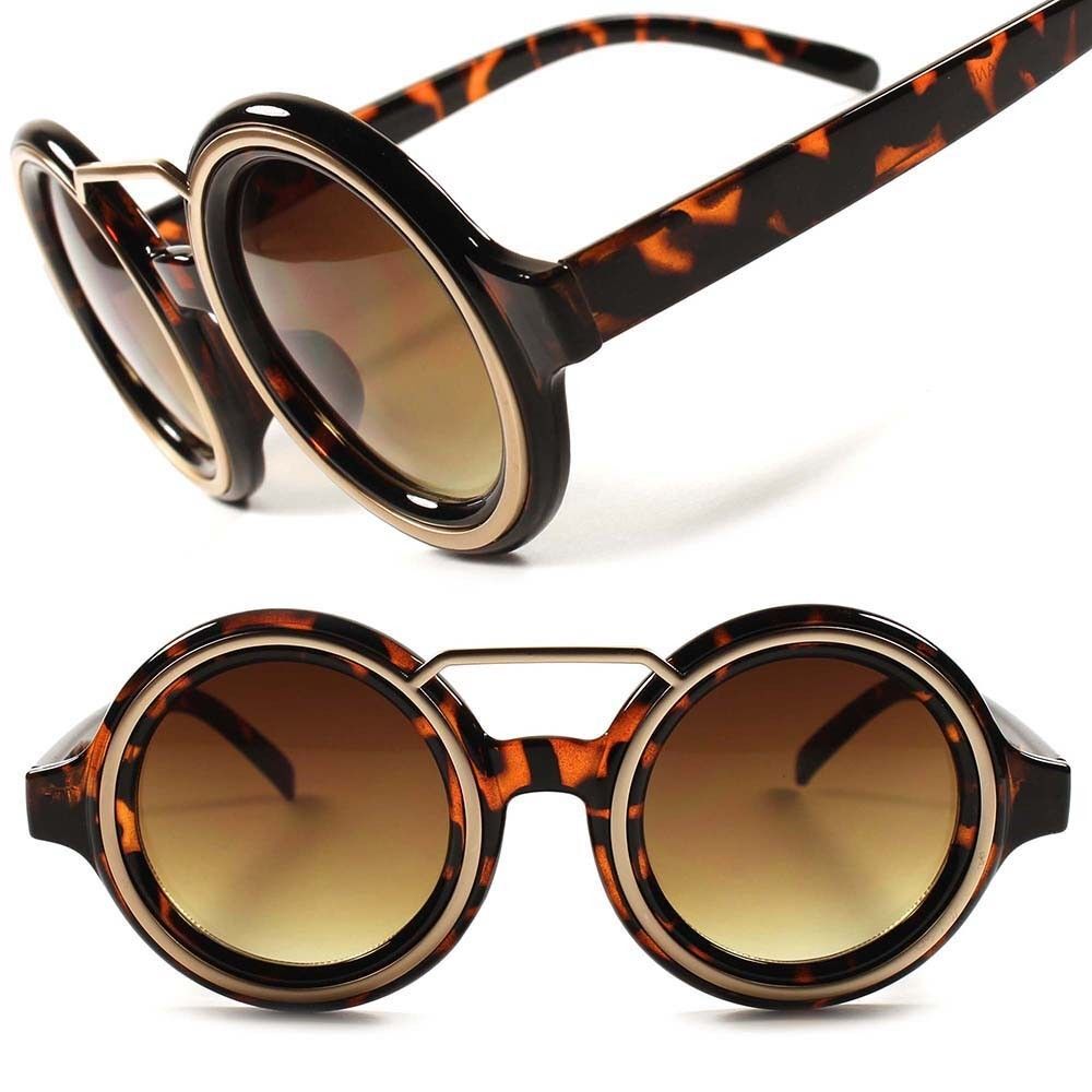 Mens Womens Retro Hippie Aesthetic Tortoise Round Sunglasses With Gold Accent